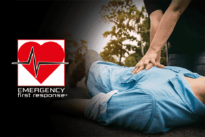 Someone laid down with another person giving CPR, and EFR logo