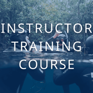 Freediver Instructor training course text with instructor and 2 students in background